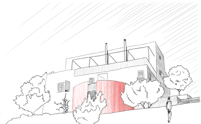 Boceto de vivienda unifamiliar realizado por José Manuel Dapena y Asociados, se ha utilizado el rojo como color predominante y corporativo para destacar parte de la volumetría.